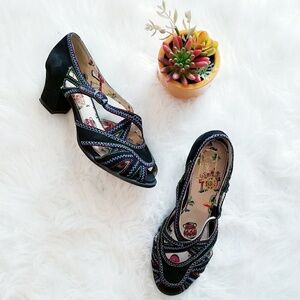 Black Suede Miss L Fire Heels with Multicolor Stitching